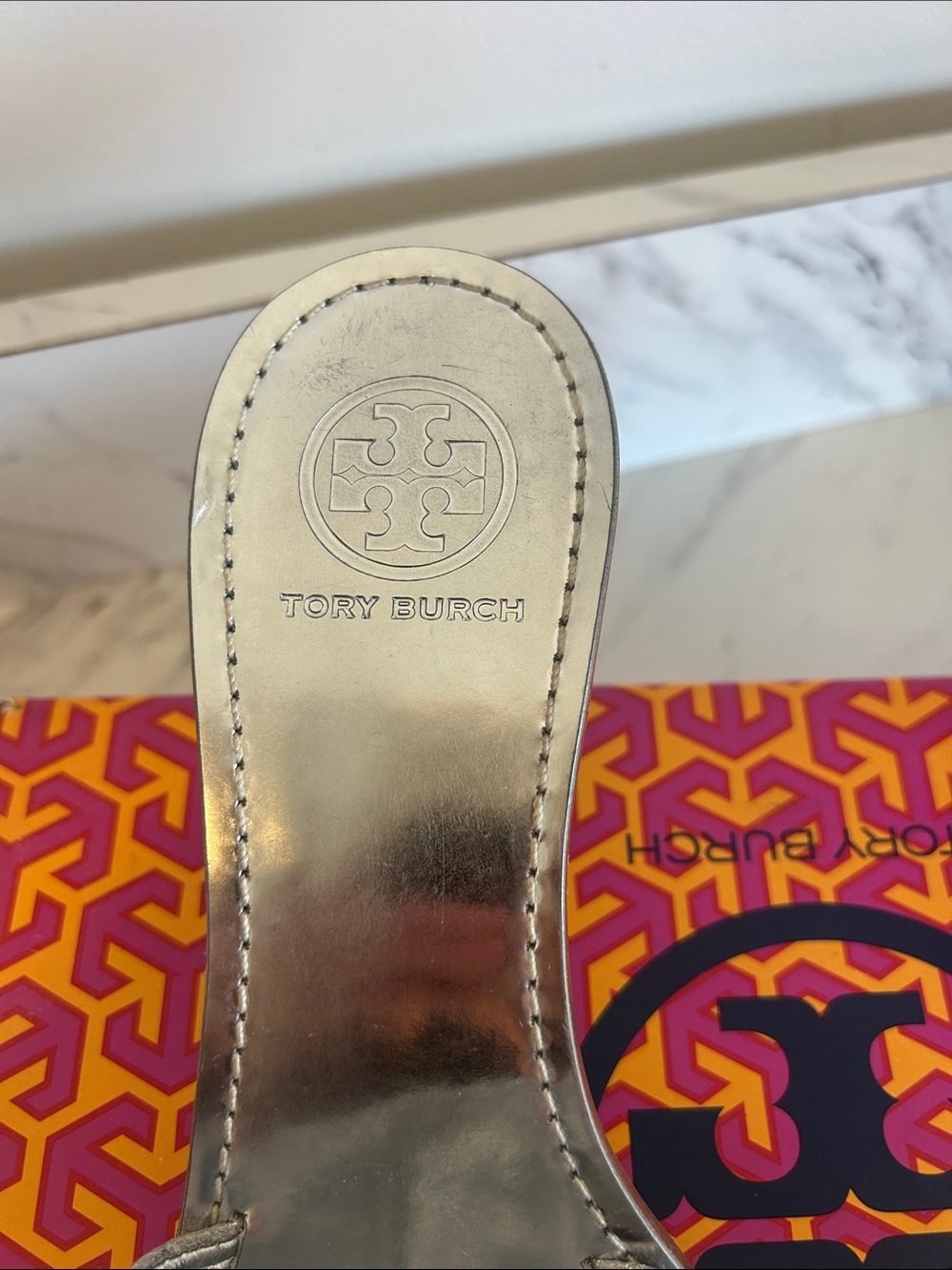 Tory Burch Metallic Silver Logo Mule Slides - Picture 3 of 8